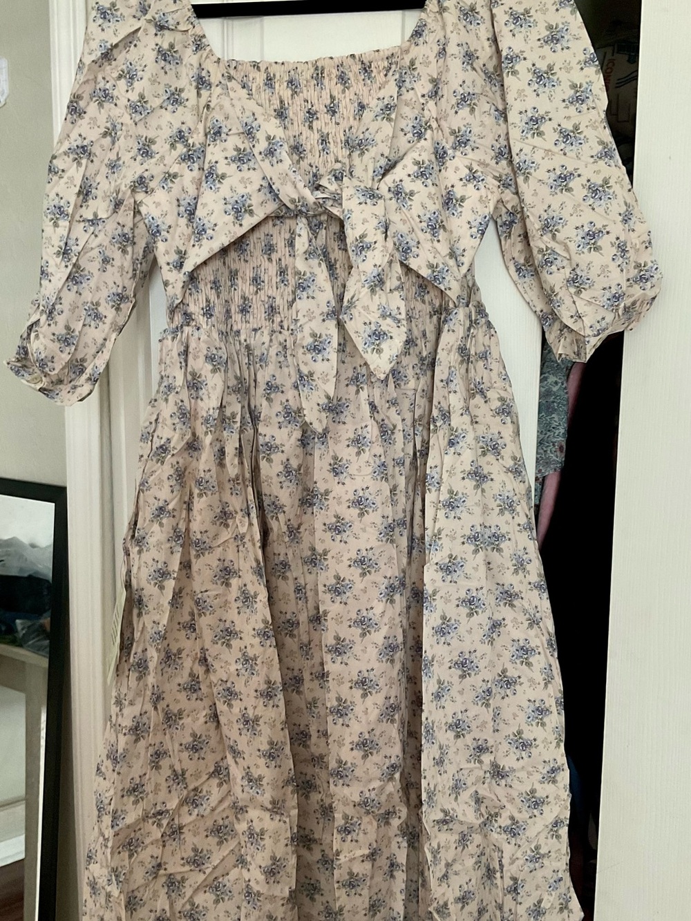 bohme Cream Midi Dress with Blue Floral Print and Blue Ribbon Ties L NWT - Picture 5 of 5